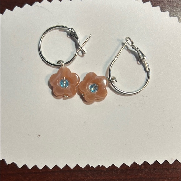 Jewelry - Silver Hoop Earrings with Peach Flower Charms